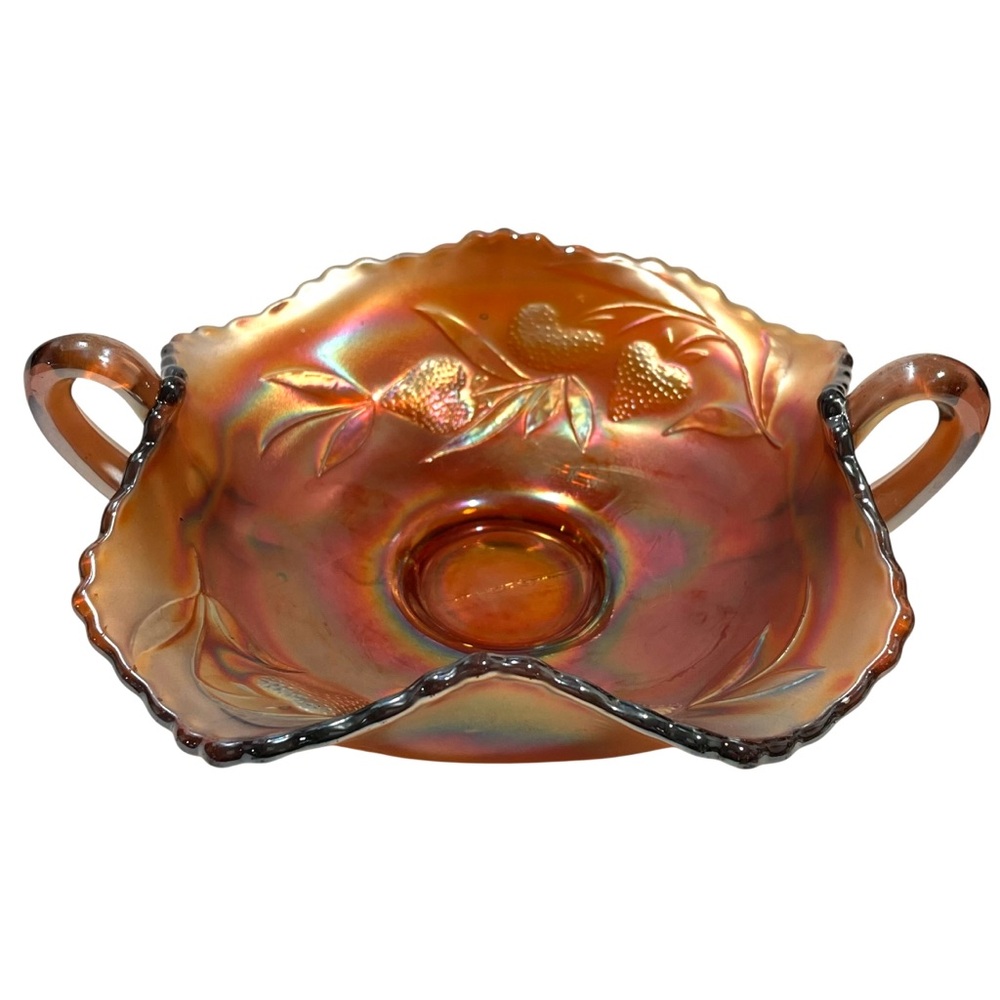 Antique 1910s Fenton Strawberry Carnival Glass Two-Handle Bonbon Dish Marigold